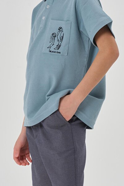 Black One Boy's Cotton Print Detailed Polo Neck T-Shirt Shorts Summer Bottom Top Set