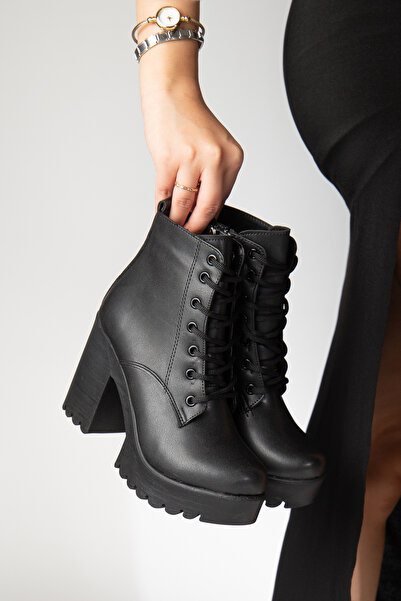 guijarro Siyah Bağcıklı Fermuarlı Kalın Tabanlı Yüksek Topuklu Kadın Bot