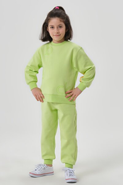 Black One Girls' Circular Neck Steel-Plated Interlock Knitting with Printed Details Tracksuit Bottom and Top Set