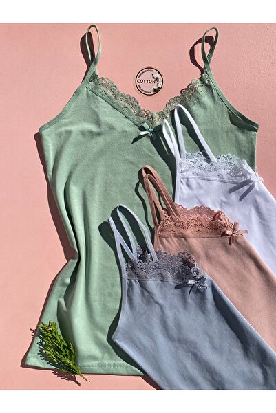 LEYNA BUTİK Women's Cotton Thread Strap Lace V-Neck 4-Pack (Powder, Green, Blue, White) Color Tank Top