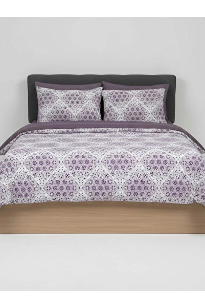 JOLLY HOME Lilac-White Tile Motif Diamond Pattern Duvet Cover Set – Double Size, 100% Cotton, Soft Texture