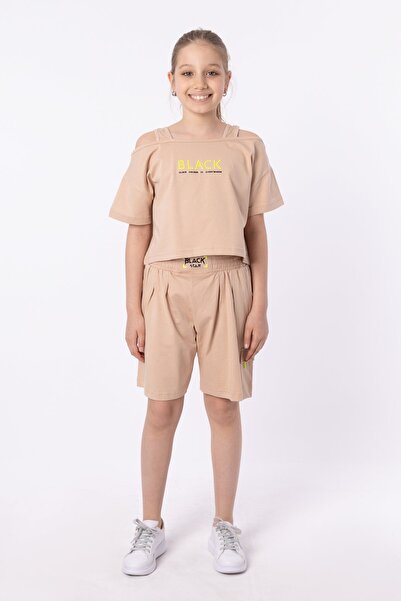 Black One Organik Pamuklu Baskılı Yüksek Bel Boksör Kemerli Açık Omuzlu Crop Kesim T-shırt Short Takımı