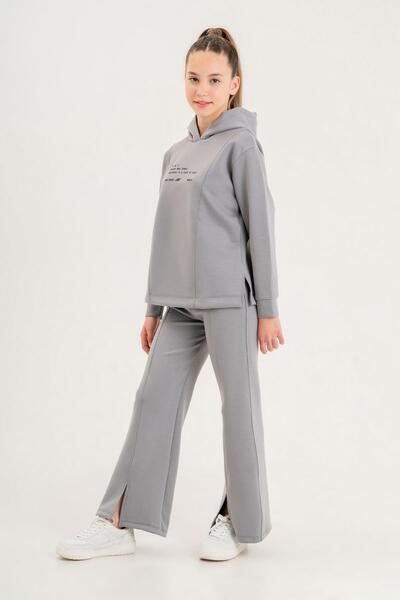 Black One Girl's Hooded Print Detailed Scuba Fabric Tracksuit Set