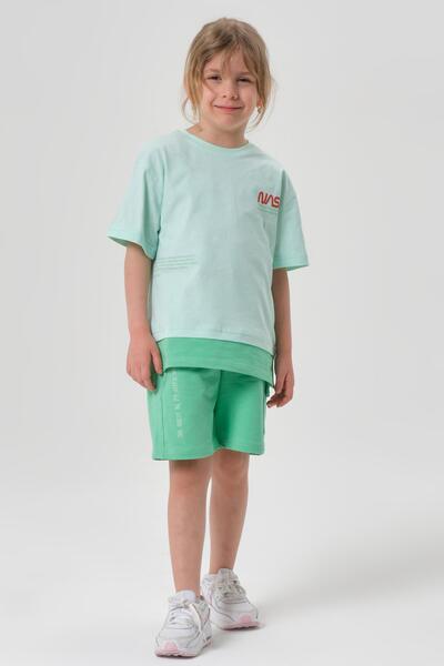 Black One Single Jersey Fabric Summer Print Detailed Pocket and Lanyard Girls' Bottom and Top Set