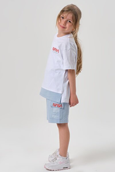 Black One Single Jersey Fabric Summer Print Detailed Pocket and Lanyard Girls' Bottom and Top Set