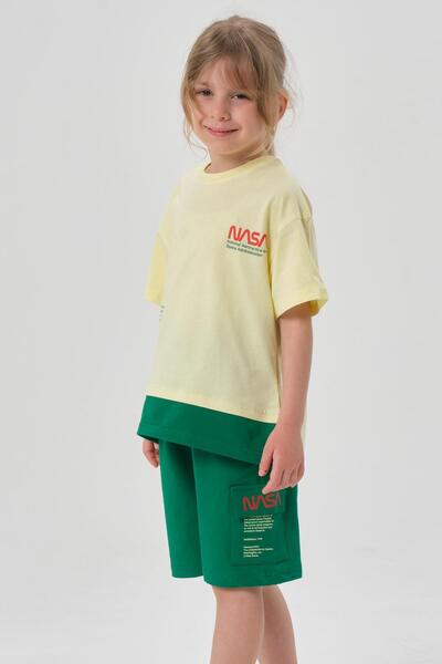 Black One Single Jersey Fabric Summer Print Detailed Pocket and Lanyard Girls' Bottom and Top Set