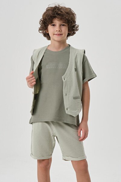 Black One Σετ γιλέκο μπλουζάκι με λαιμόκοψη για αγόρι με λεπτομέρεια εκτύπωσης από κυψελοειδή ύφασμα