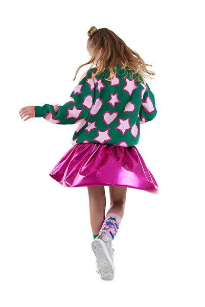 Denokids سترة تريكو خضراء للفتيات على شكل قلب مرصع بالنجوم