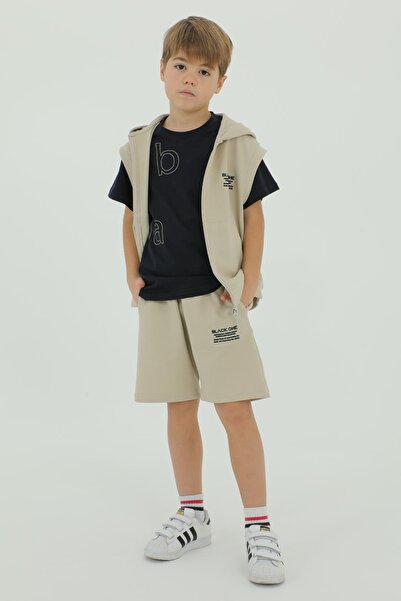 Black One Crew Neck Boy's Vest T-Shirt and Shorts Triple Set