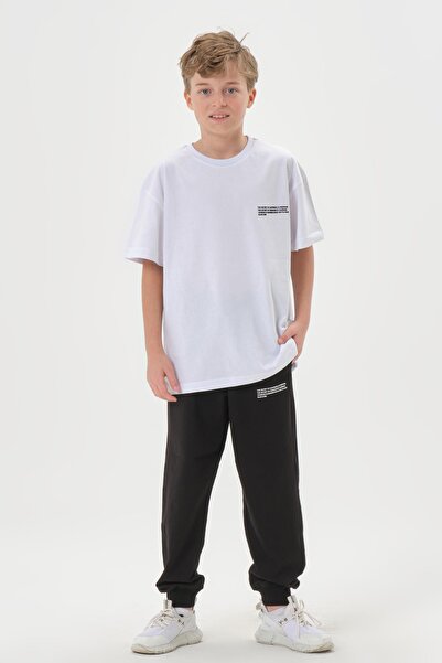 Black One Combed Cotton Single Jersey Fabric Print Detailed Double Pocket Adjustable Waist Elastic Summer Crew Neck Men's Boys