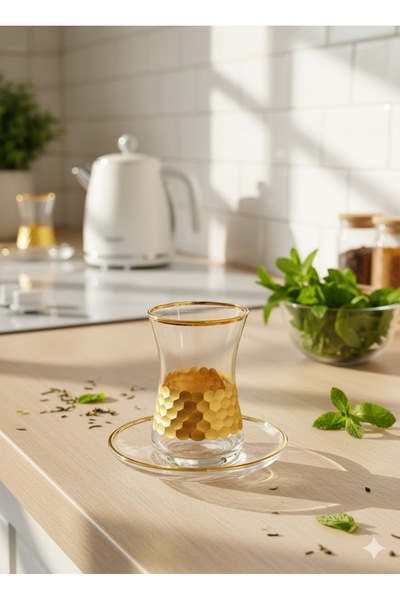 DECOSTYLE Gold  Super petek  Desenli cam Tabaklı 12 Parça  Çay seti