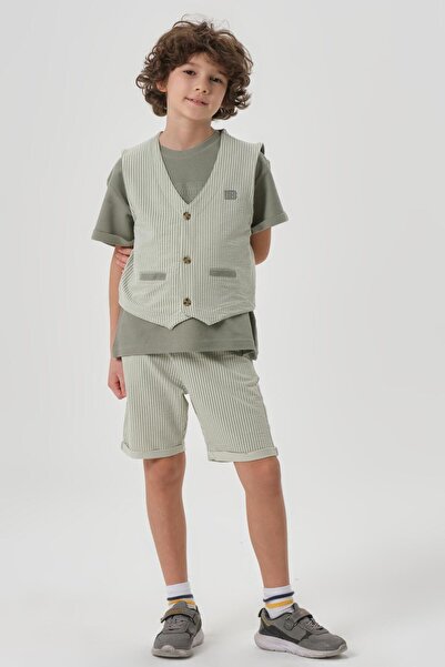 Black One Honeycomb Fabric Print Detailed Boy's Bottom Shorts Top Crew Neck T-shirt Vest Set