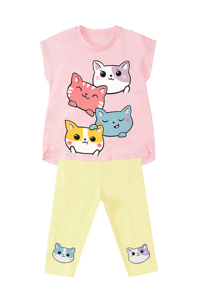 Denokids Kediler Kız Çocuk Yazlık Tunik T-shirt Tayt Takım