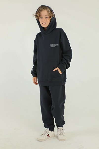 Black One Basic Boy's Tracksuit Set with Hooded Print Detail and Steel Interlock Fabric