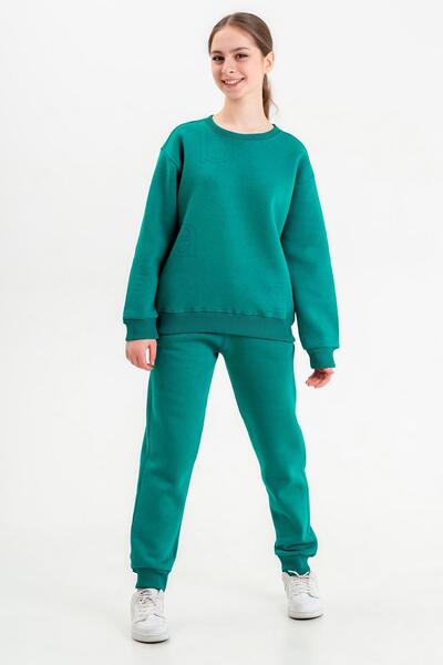 Black One Crew Neck Unisex Children's Tracksuit Set Made of Three-Layer Thick Fabric