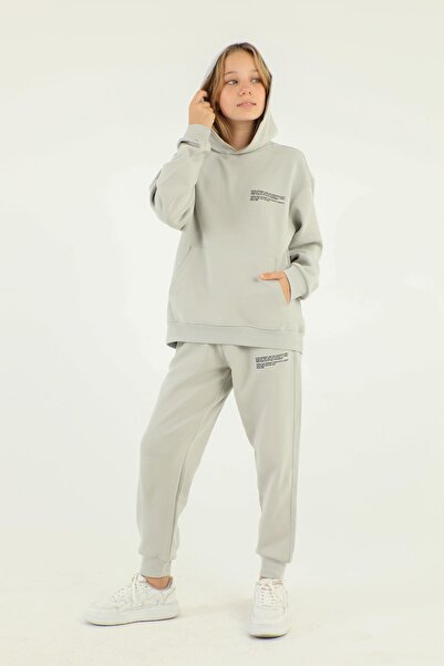 Black One Basic Girl's Tracksuit Set with Hooded Print Detail and Steel Interlock Fabric