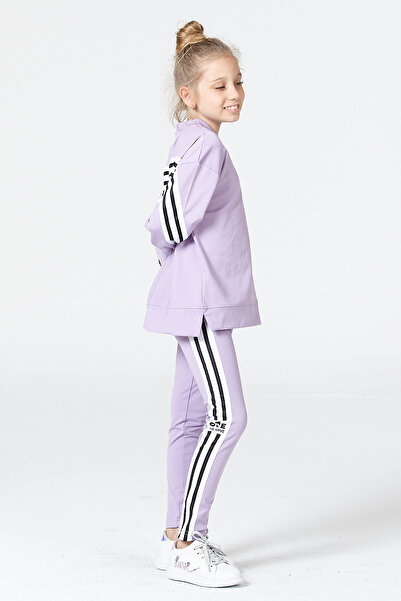 Black One Girls' Striped Detail Piece Casual Sweatshirt and Leggings Sport Set – Relaxed Fit, Soft Fabric