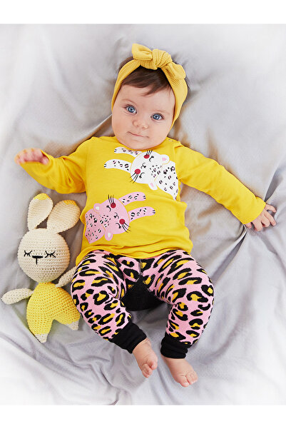Denokids Leopar Kız Bebek T-shirt Tayt-Pantolon Takım