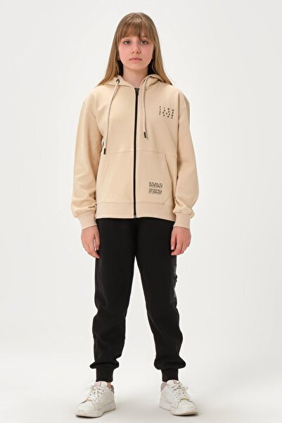 Black One Σετ αθλητικής φόρμας για κορίτσια K με κουκούλα με λεπτομέρεια εκτύπωσης σε υφασμάτινη τσέπη από ατσάλι και φερμουάρ