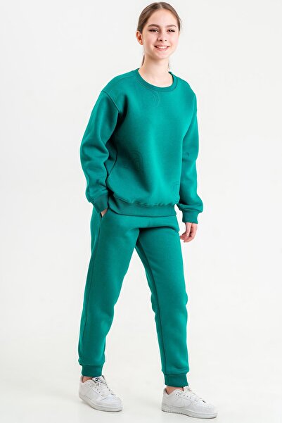 Black One Crew Neck Unisex Children's Tracksuit Set Made of Three-Layer Thick Fabric