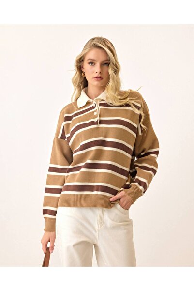 MODA Pulover tricotat cu gât polo în dungi