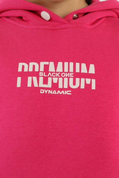 Black One Hooded Cargo Pocket Print Detailed Girl's Tracksuit Set