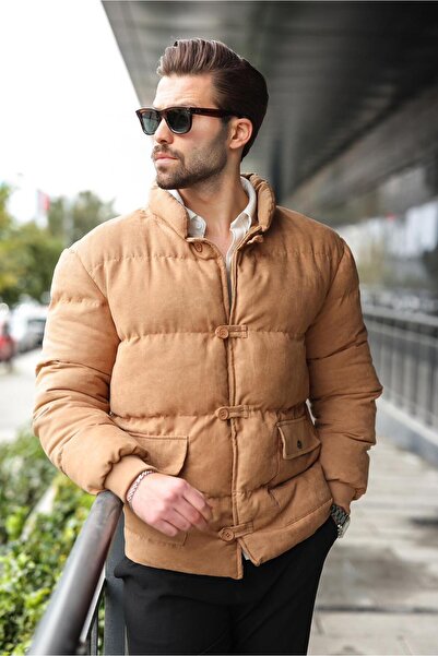 Madmext Camel Buttoned Stand Collar Men's Puffer Jacket E7435