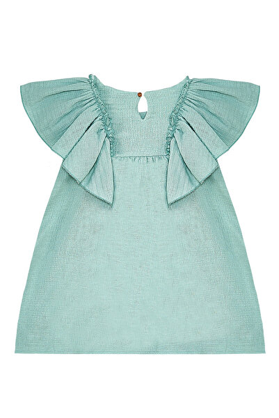 Denokids Çiçekli Kız Bebek Çocuk Yeşil Müslin Fırfırlı Yazlık Elbise