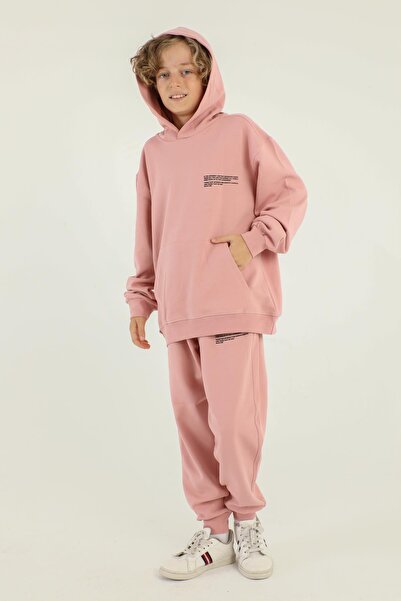 Black One Basic Boy's Tracksuit Set with Hooded Print Detail and Steel Interlock Fabric