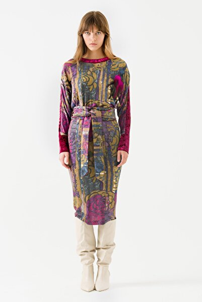 Jus De Pommes Kadın Mor Kuşaklı Desenli Elbise