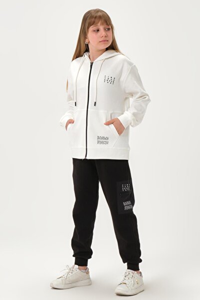 Black One Сталева інтерлок тканина Кишеня з принтом Деталізована блискавка Капюшон Нижня частина Верхня частина Дівчачий спортивний костюм