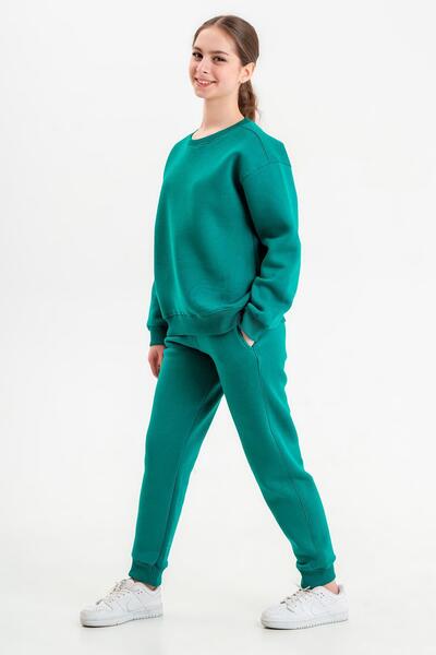 Black One Crew Neck Unisex Children's Tracksuit Set Made of Three-Layer Thick Fabric