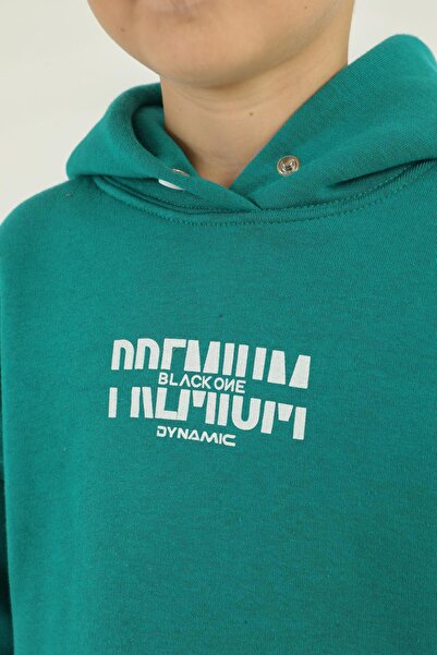 Black One Hooded Cargo Pocket Print Detailed Boy's Tracksuit Set