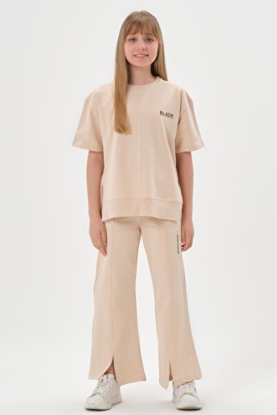 Black One Girl's Crew Neck Printed Slit Detail Plaid Diagonal Jacquard Fabric Bottom Top