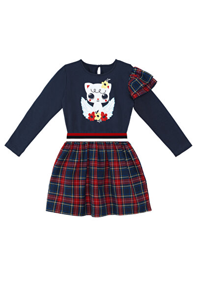 Denokids Kanatlı Kedi Kız Çocuk Lacivert Ekose Elbise