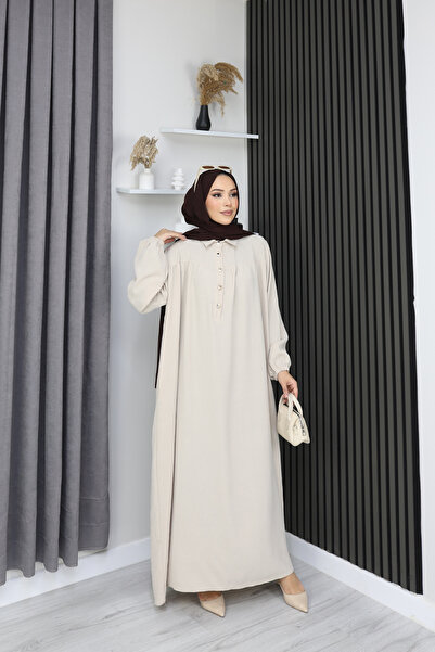 OKTAYUSTA COLLECTİON Mevlana Dress with Half Button Front Shirt Collar Robe Beige