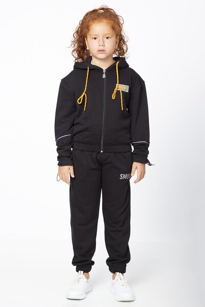 Black One Kız Çocuk Smile Temalı Kolları Büzgülü Kapüşonlu Eşofman Takımı