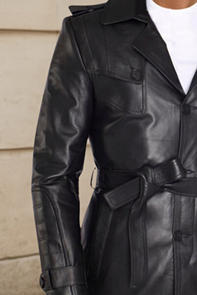 DERİJE Valdes Hakiki Deri Erkek Siyah Kuşaklı Trençkot