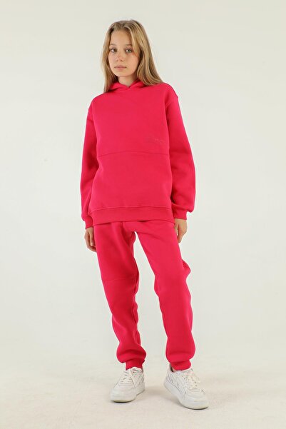 Black One Kapüşonlu Kargo Cepli Kalın Kız Çocuk Eşofman Takımı