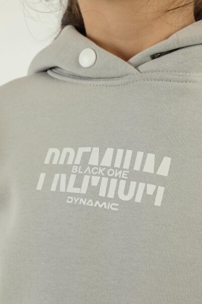 Black One Hooded Cargo Pocket Print Detailed Girl's Tracksuit Set