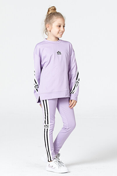 Black One Girls' Striped Detail Piece Casual Sweatshirt and Leggings Sport Set – Relaxed Fit, Soft Fabric