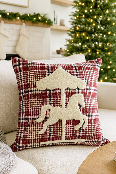 Pilloveland Punch Nakışlı Kırlent Kılıfı - 43*43 Cm - Kırmızı Ekose Pony - PNK001