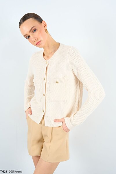 Ravencia Beige Women's Cardigan - Crew Neck, Texture and Pocket