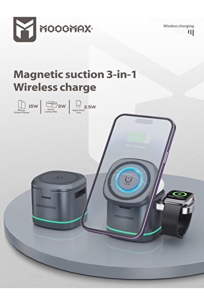 MOOGMAX 3-in-1 MagSafe Wireless Charging Stand for all phones that support wireless charging, 3W charging time
