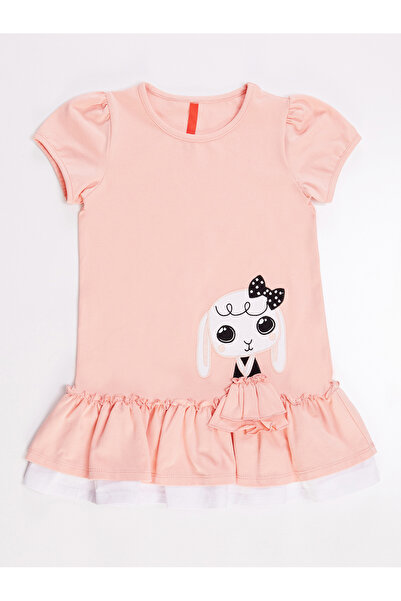 Denokids Fırfırlı Tavşan Kız Çocuk Pembe Yazlık Penye Elbise