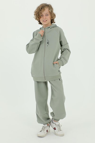 Black One Hooded Printed Cotton Pique Boy's 2-Piece Top and Bottom Tracksuit Set