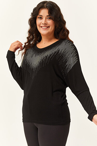 Ebsumu Kadın Büyük Beden Yaka Gri Taş Işlemeli Siyah Bluz