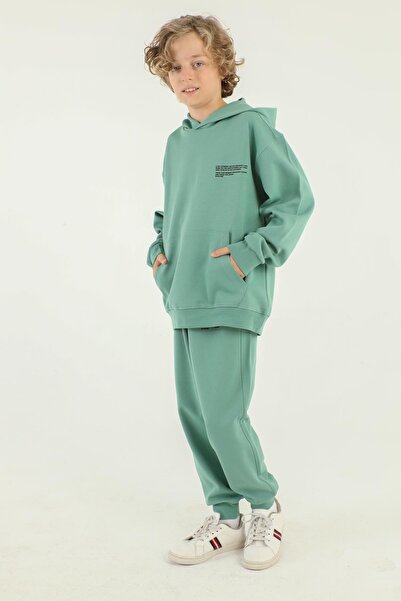 Black One Βασικό σετ φόρμας για αγόρι από ατσάλινο ύφασμα Interlock με λεπτομέρεια εκτύπωσης με κουκούλα