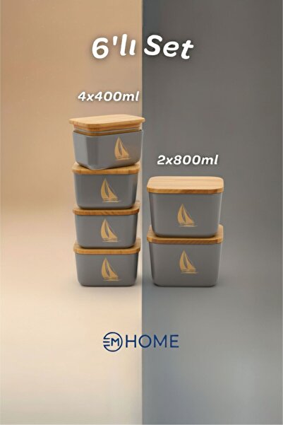 CEM HOME مجموعة من ستة حاويات تخزين مع أغطية خشبية طبيعية وعلب غداء (4×400 مل - 2×800 مل)