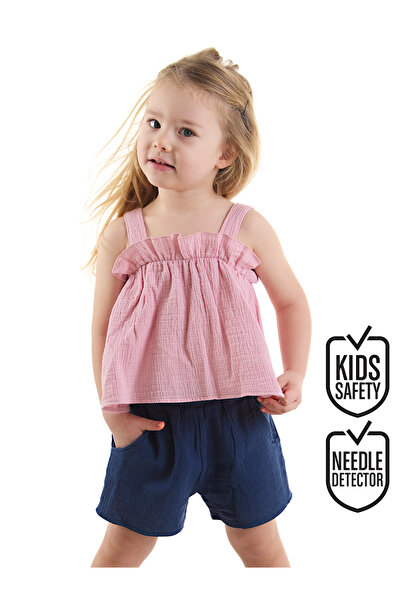 Denokids Kız Bebek Çocuk Pembe Yazlık Müslin Askılı Bluz Şort Takım